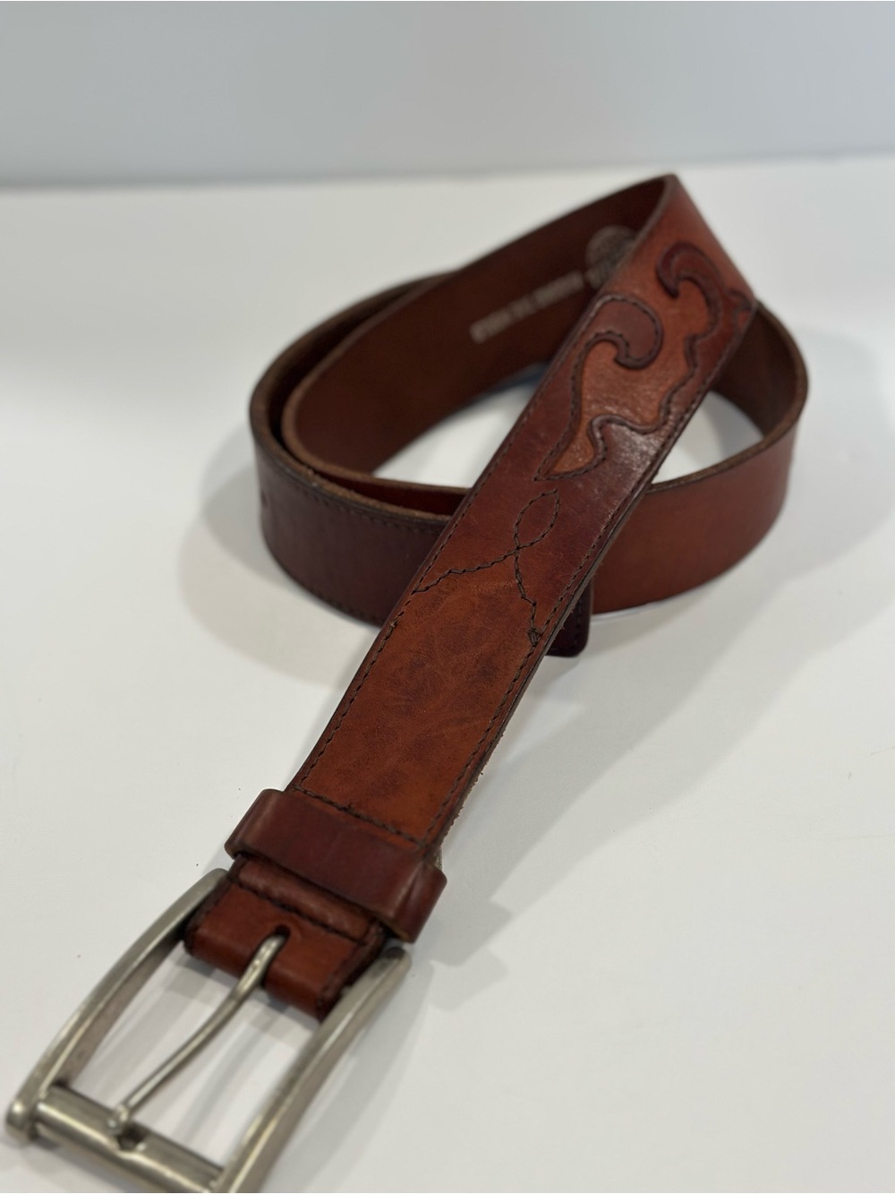 Fossil Full Grain Cowhide Leather Belt Brown Western Scroll Stitch Size 32